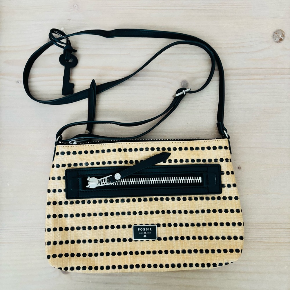 Fossil Dawson Fabric Crossbody Bag – Neutral Stripe with Leather Trim